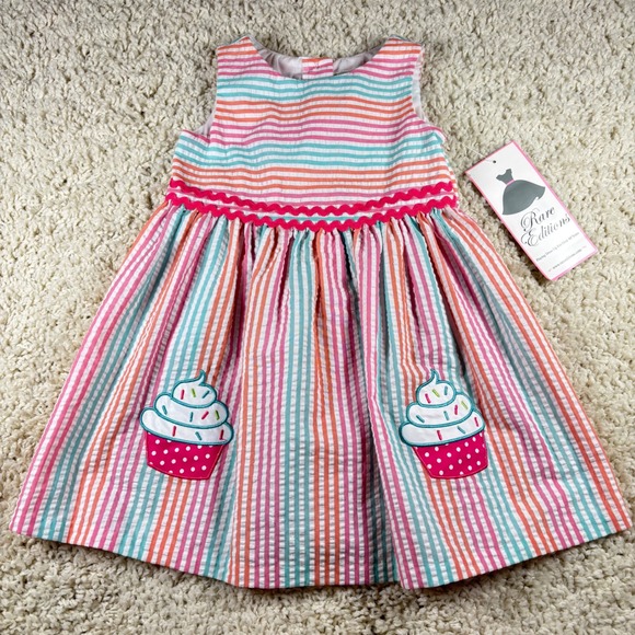 Rare Editions Other - Rare Editions Kids Girls Pink Blue Orange Stripe Cupcake Seersucker Dress Sz 3T